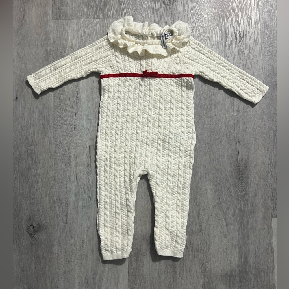 Janie and Jack Cream Cable Knit One Piece with Red Accent